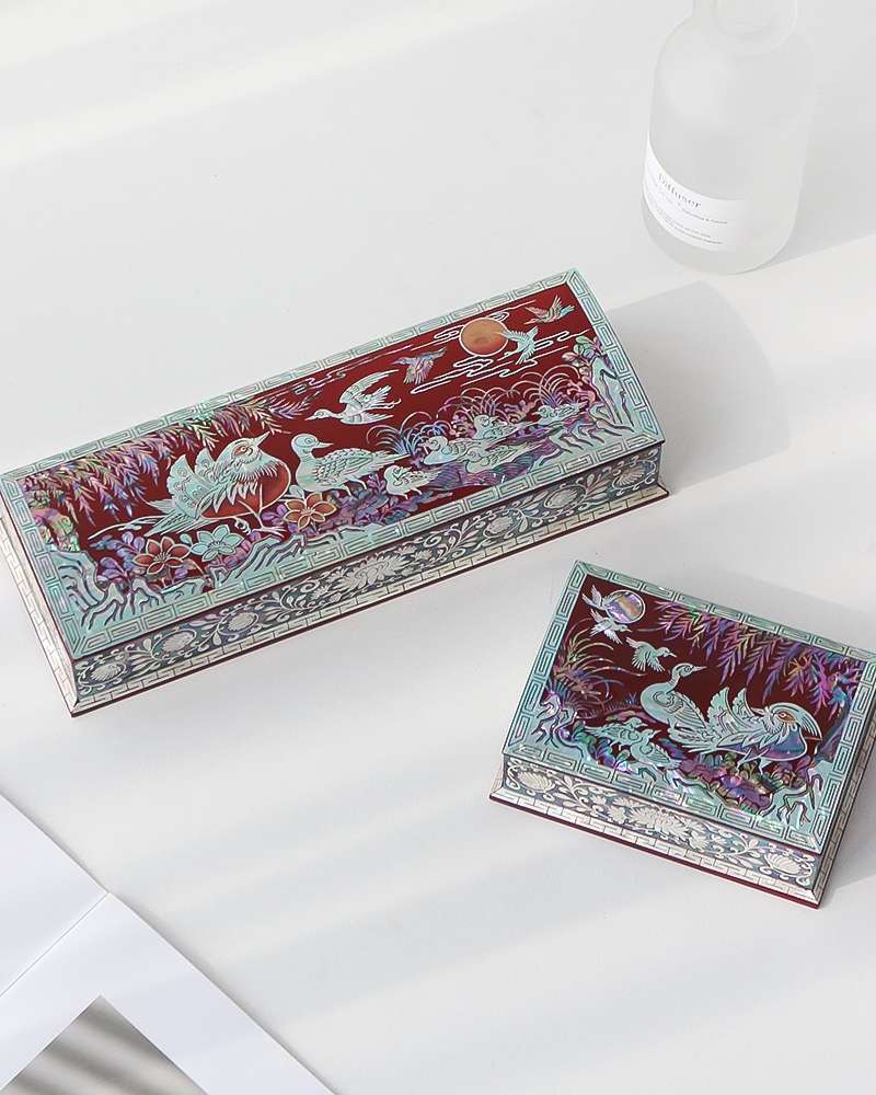 Mother-of-Pearl Lacquerware Mandarin Duck Auto-Opening Pen Case + Business Card Holder Set
