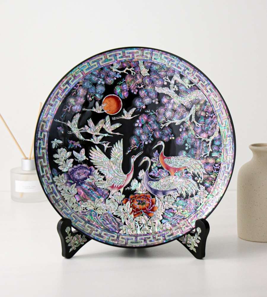 Nacre Lacquerware Colored Crane Decorative Abalone Tray 30cm