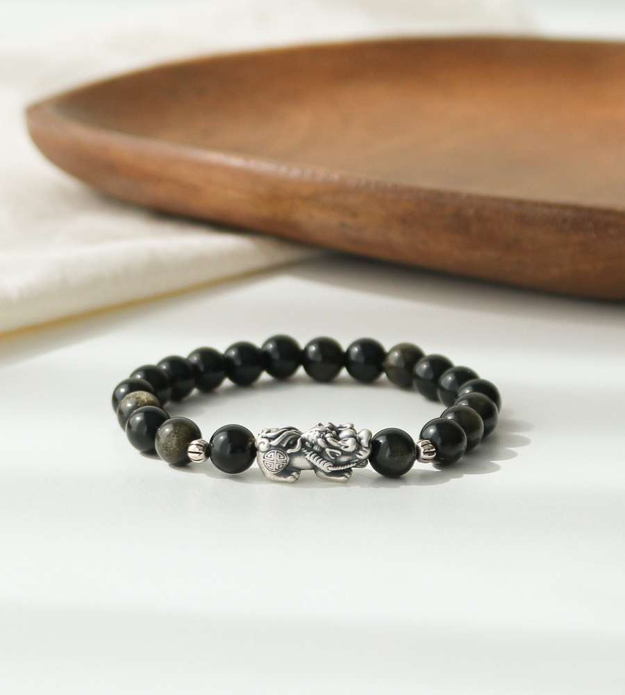 AAA Gold Black Obsidian Wealth Fortune Pixiu Bracelet 8mm