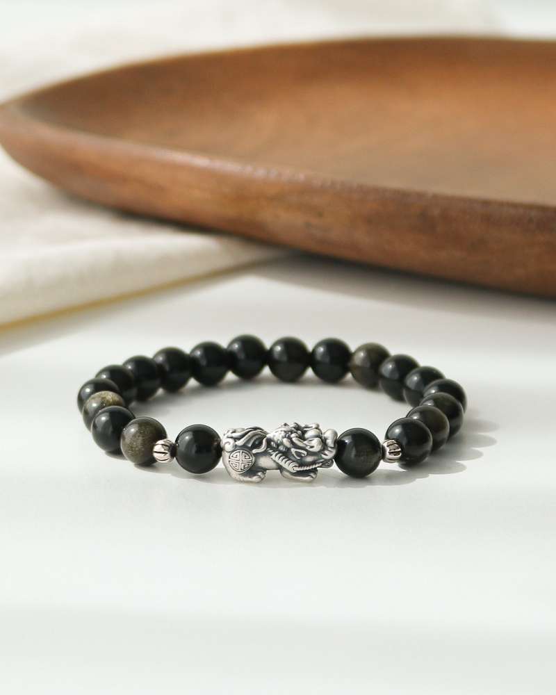 AAA Gold Black Obsidian Wealth Fortune Pixiu Bracelet 8mm