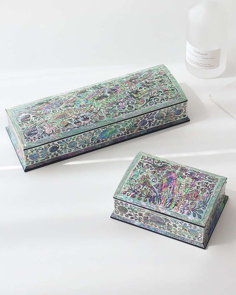 Mother-of-Pearl Lacquerware Yi Dynasty Floral Arabesque Automatic Pen Case + Business Card Holder