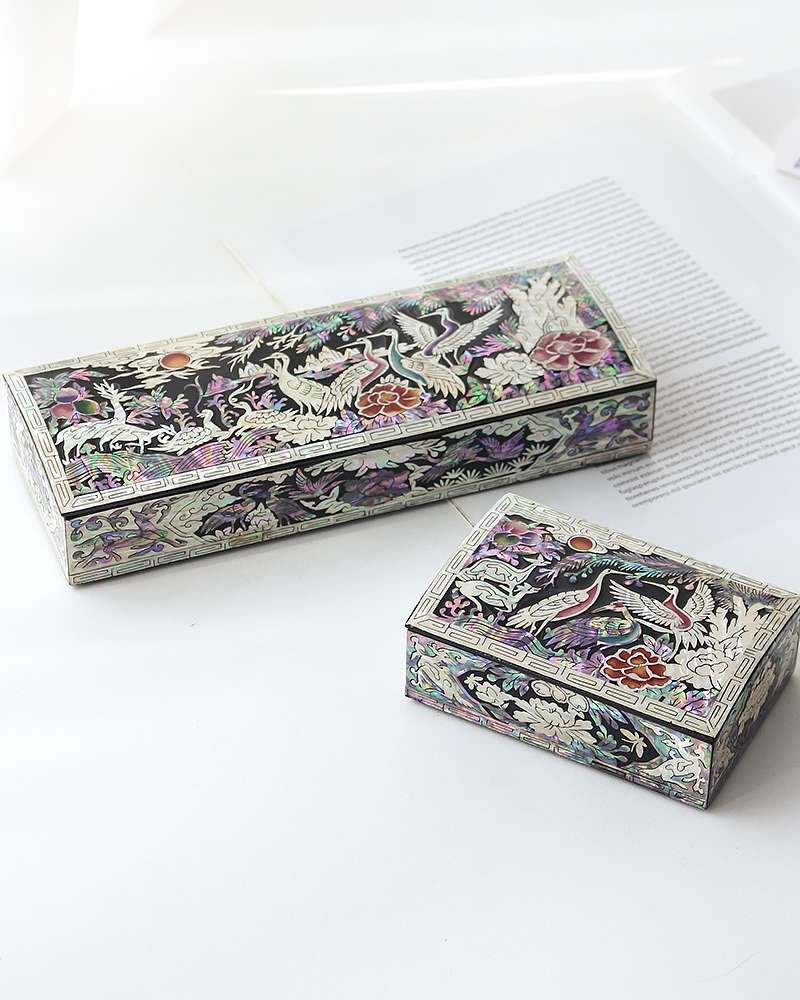 Colored Crane and Pine Nacre Pen Case + Nacre Business Card Box Set