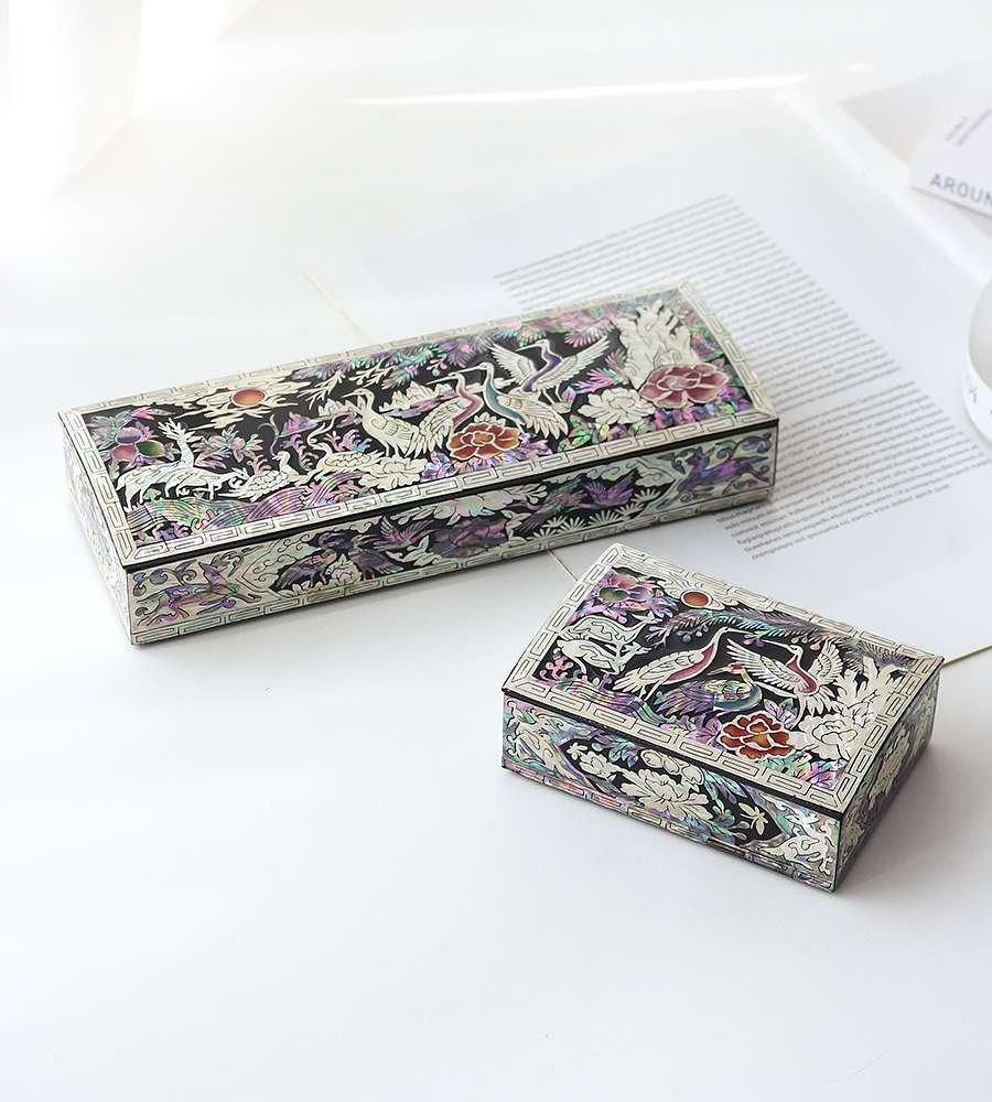 Colored Crane and Pine Nacre Pen Case + Nacre Business Card Box Set
