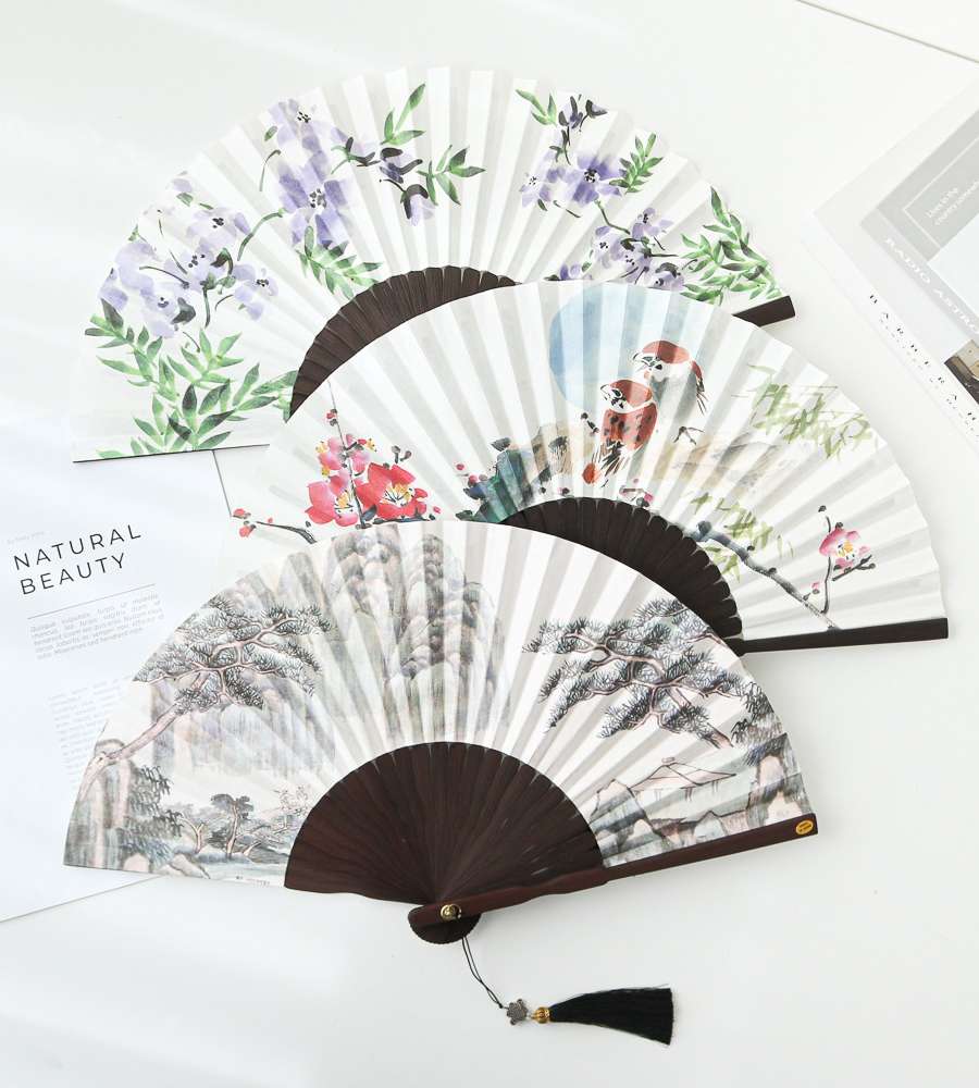 Antique Oriental Painting Bamboo Folding Fan (P) 25cm