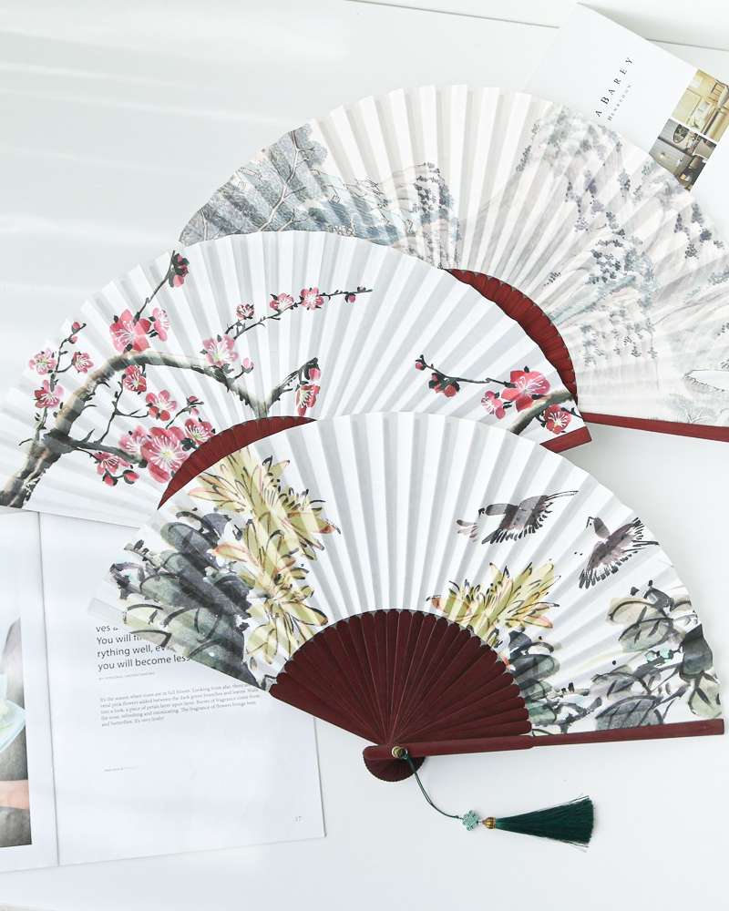 Antique Oriental Painting Bamboo Folding Fan (P) 29cm