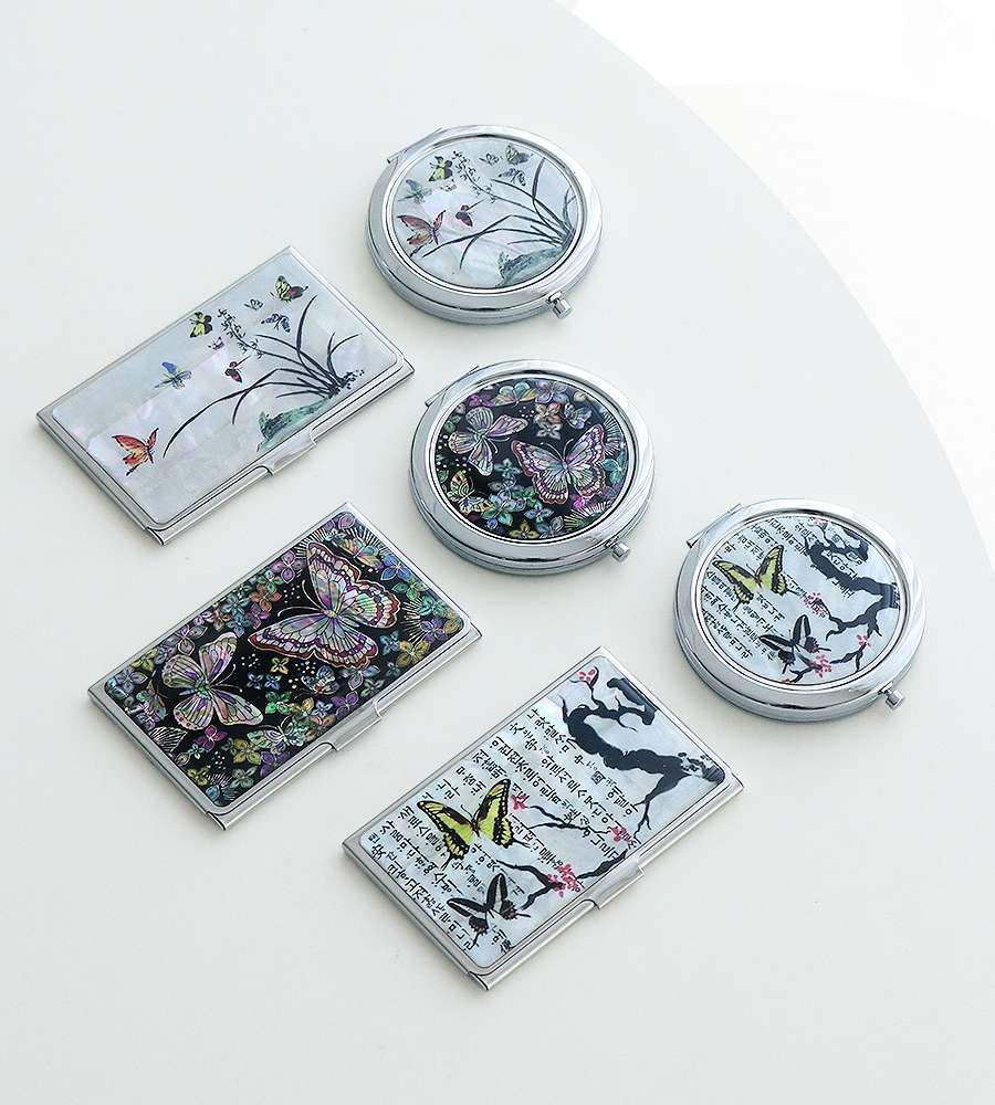 (2-Piece Set) Mother-of-Pearl Business Card Case + Mother-of-Pearl One-Touch Hand Mirror N