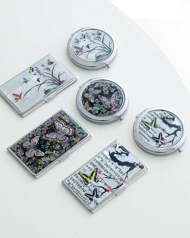 (2-Piece Set) Mother-of-Pearl Business Card Case + Mother-of-Pearl One-Touch Hand Mirror N