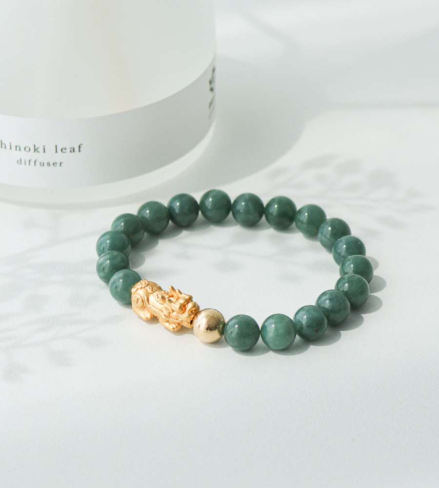 AAA Natural Burma Jade Dark Green Pixiu Gold Bead Bracelet 8mm Jade Bracelet Wealth Luck Prosperity