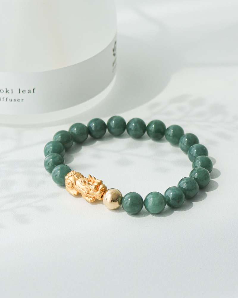 AAA Natural Burma Jade Dark Green Pixiu Gold Bead Bracelet 8mm Jade Bracelet Wealth Luck Prosperity