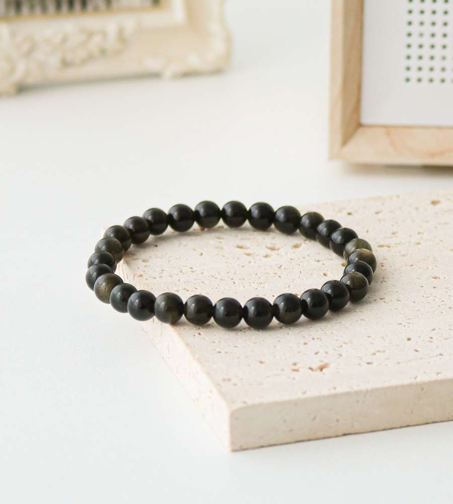 AAA Obsidian Gold Natural Stone Simple Raw Stone Bracelet 6mm Power Stone Mala Beads