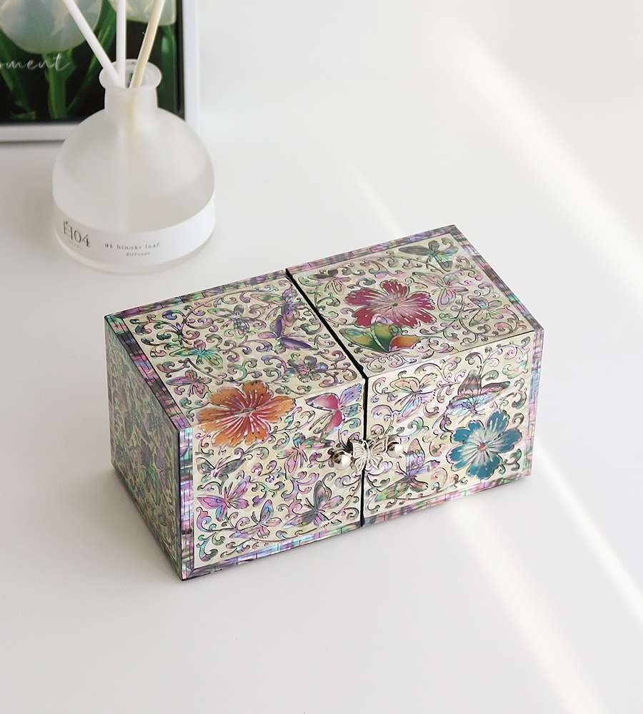 Nacre Inlay Black Lacquerware Dual-Compartment Shell Jewelry Box with Colored Flowers and Butterflies (Jang Tae-bok, Intangible Cultural Property Craftsperson)