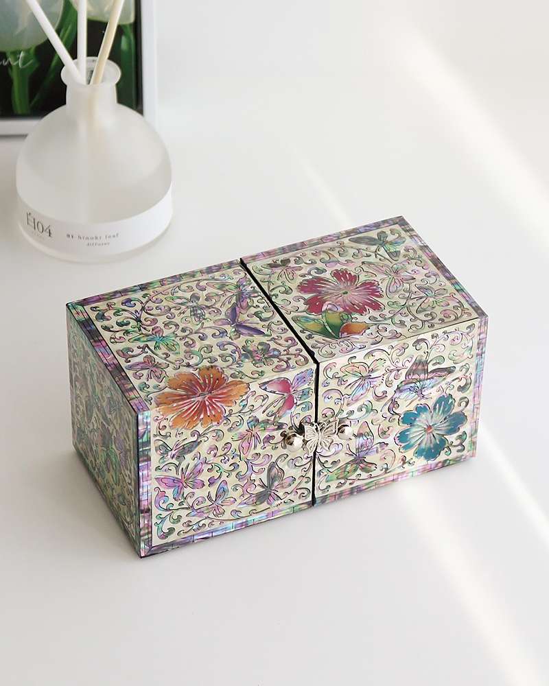 Nacre Inlay Black Lacquerware Dual-Compartment Shell Jewelry Box with Colored Flowers and Butterflies (Jang Tae-bok, Intangible Cultural Property Craftsperson)
