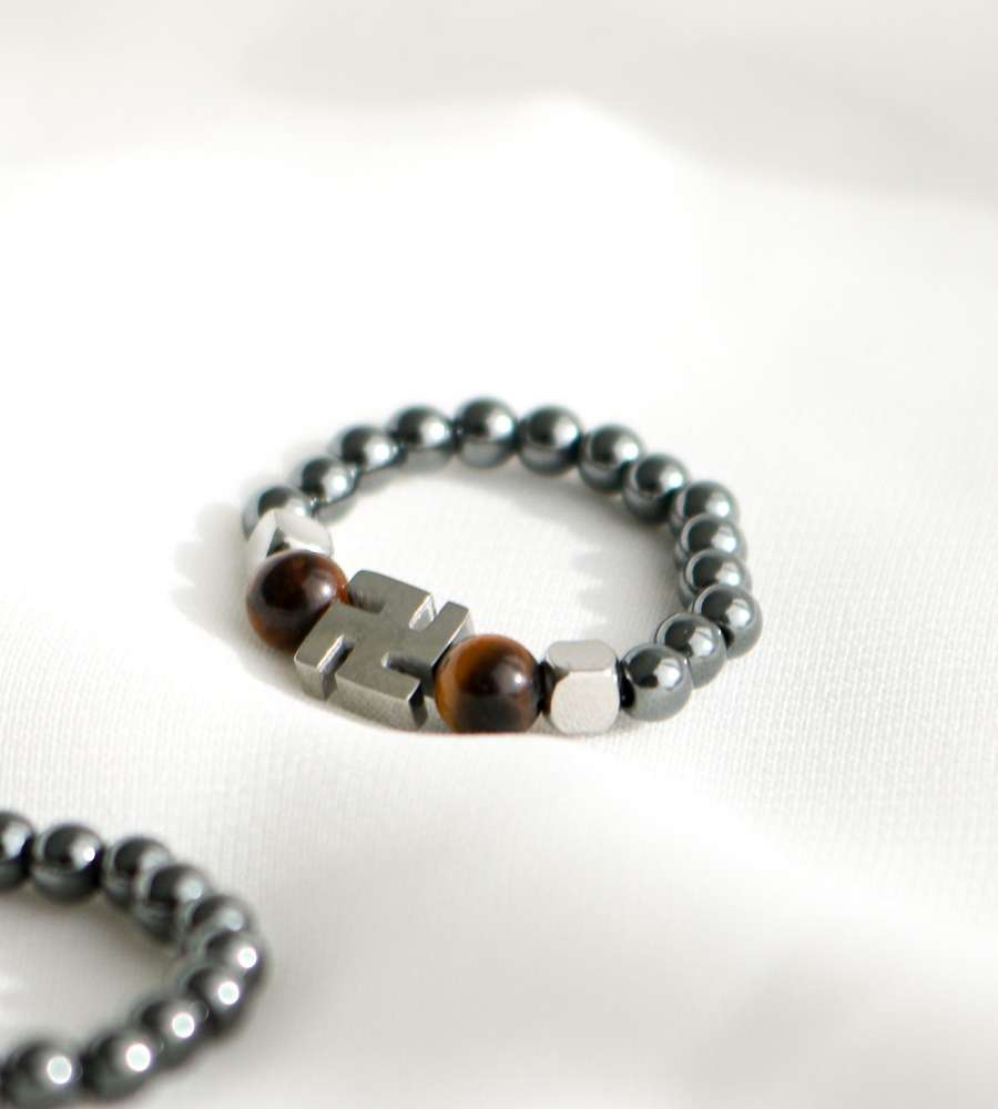 Swastika Rose Quartz Hematite Beaded Ring H Buddhist Fashion Natural Stone