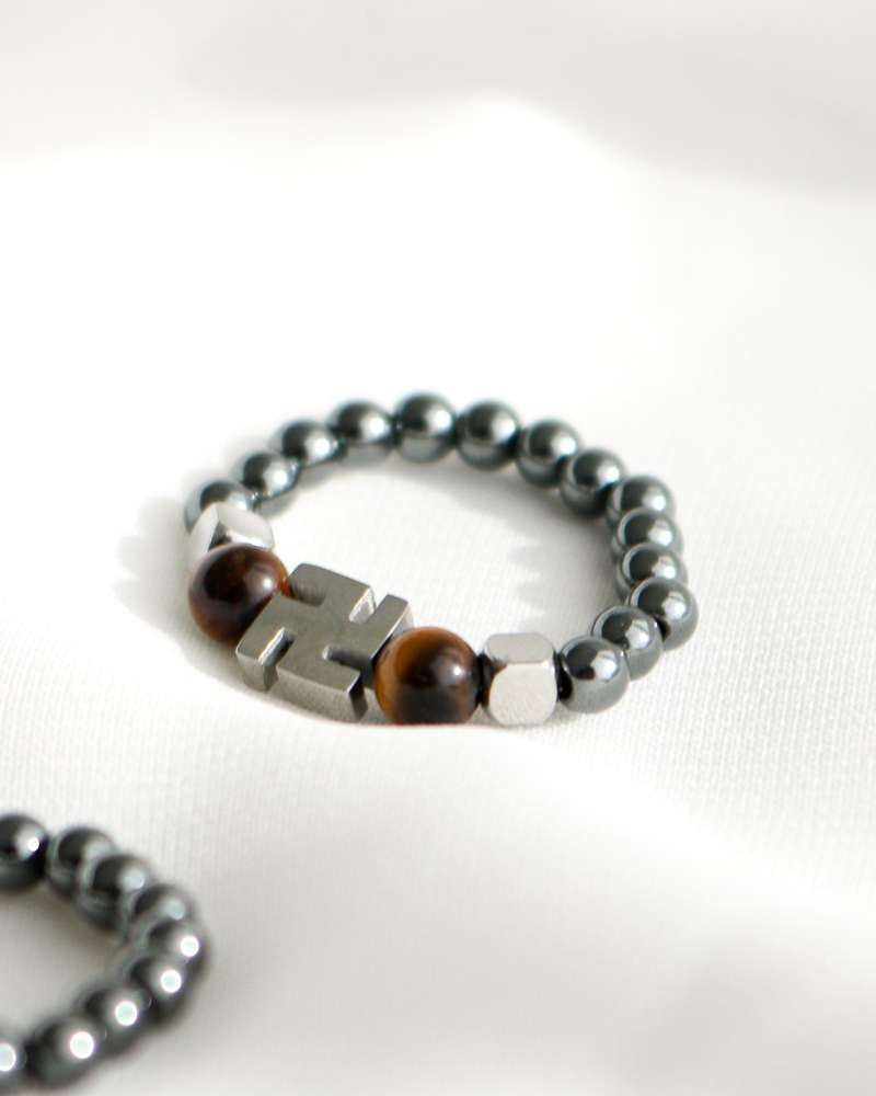 Swastika Rose Quartz Hematite Beaded Ring H Buddhist Fashion Natural Stone
