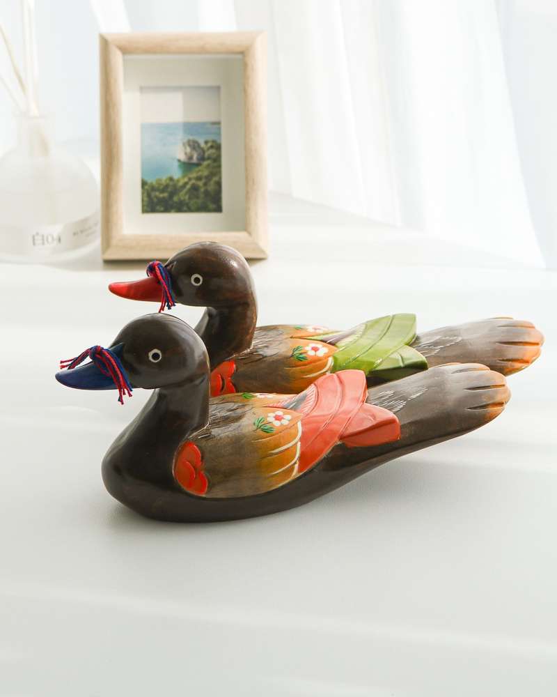 Wood Carving Wild Flowers Mandarin Duck Set (Large)