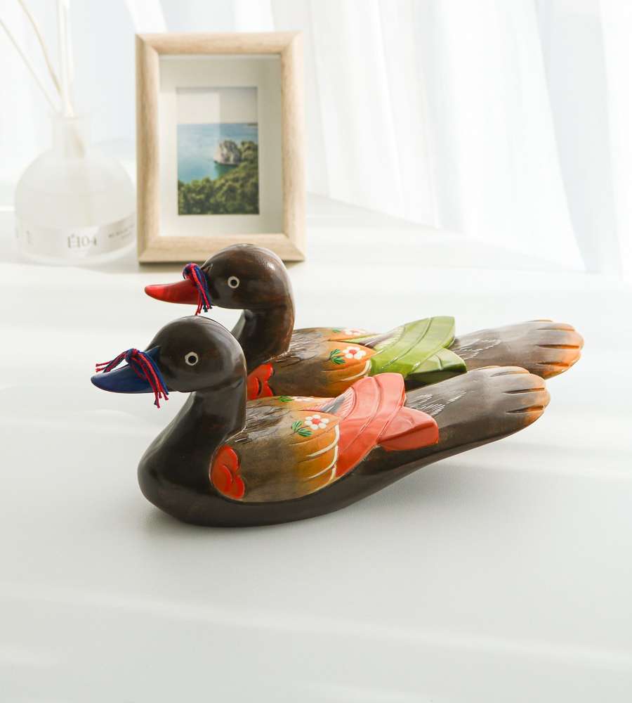Wood Carving Wild Flowers Mandarin Duck Set (Large)