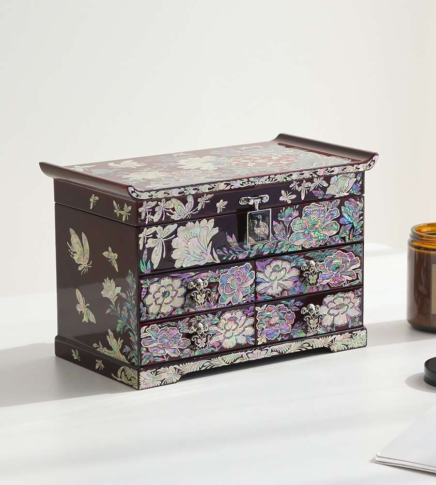 Inlaid Lacquerware Colored Peony 4-Drawer Shell Jewelry Box (Wine)