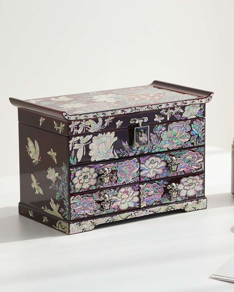 Inlaid Lacquerware Colored Peony 4-Drawer Shell Jewelry Box (Wine)