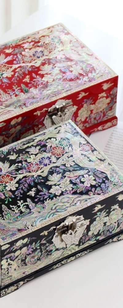 BEST 伝統螺鈿漆器 華麗な彩色梅花 2段 螺鈿ジュエリーボックス 18センチ 外国人向け高級ギフト