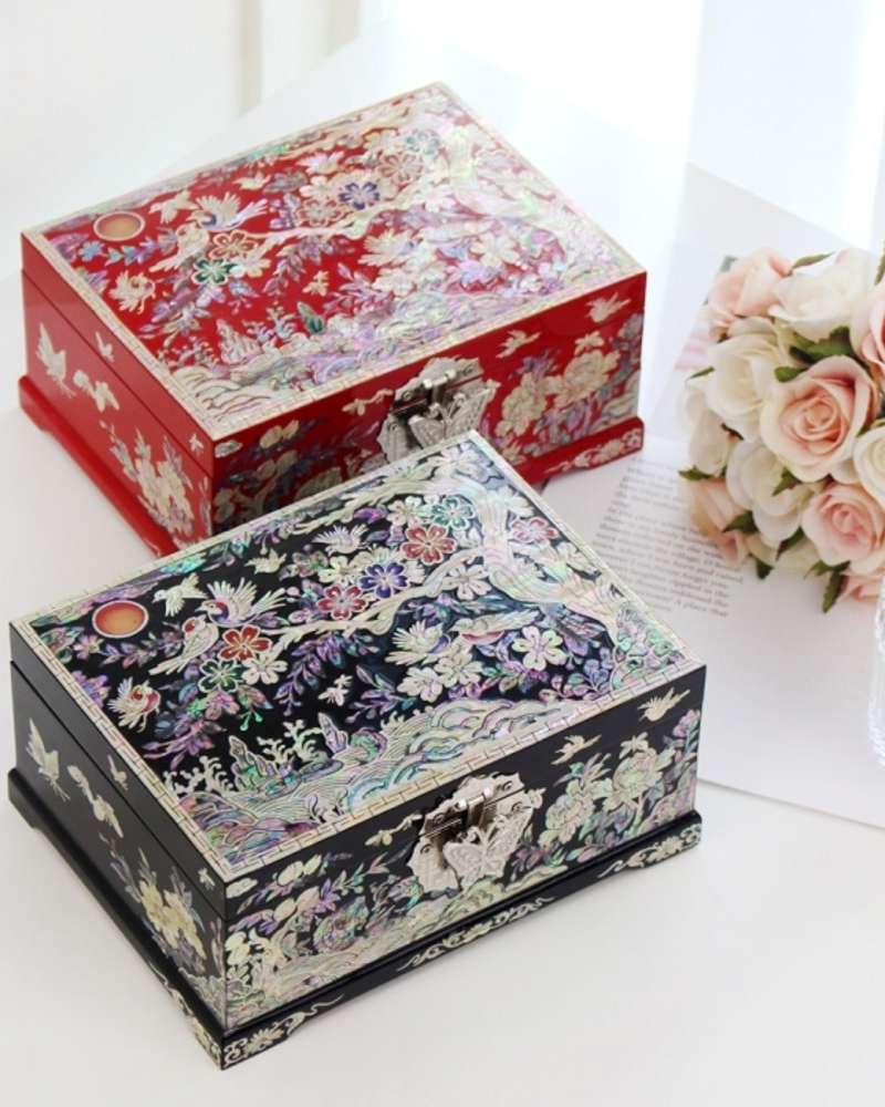 BEST Mother-of-Pearl Lacquerware Vibrant Colored Plum Blossom 2-Tier Mother-of-Pearl Jewelry Box 18cm Buyer Foreign Premium Gift
