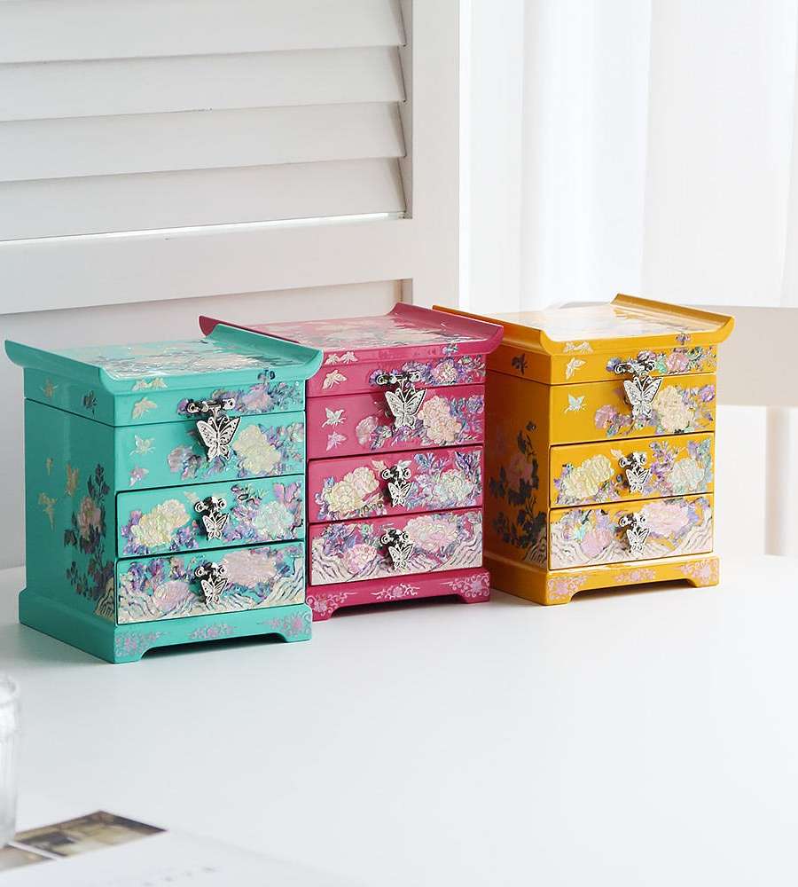 BEST Vivid Peony Two-Drawer Shell Inlay Jewelry Box