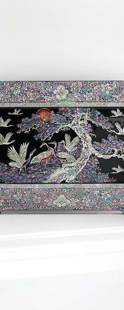螺鈿漆器 松鶴 装飾用立体3幅貝紫貴 屏風 検 大（張泰福作品）