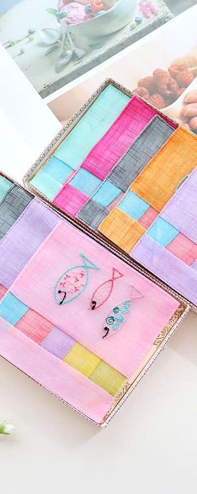 (5種) 麻 スクエア 魚刺繍 コースター セット Y