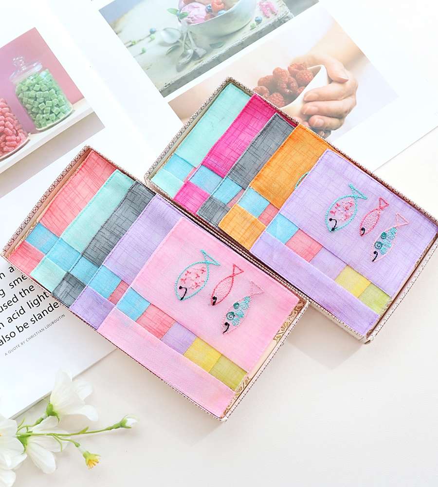 (5 Types) Ramie Square Fish Embroidery Coaster Set Y