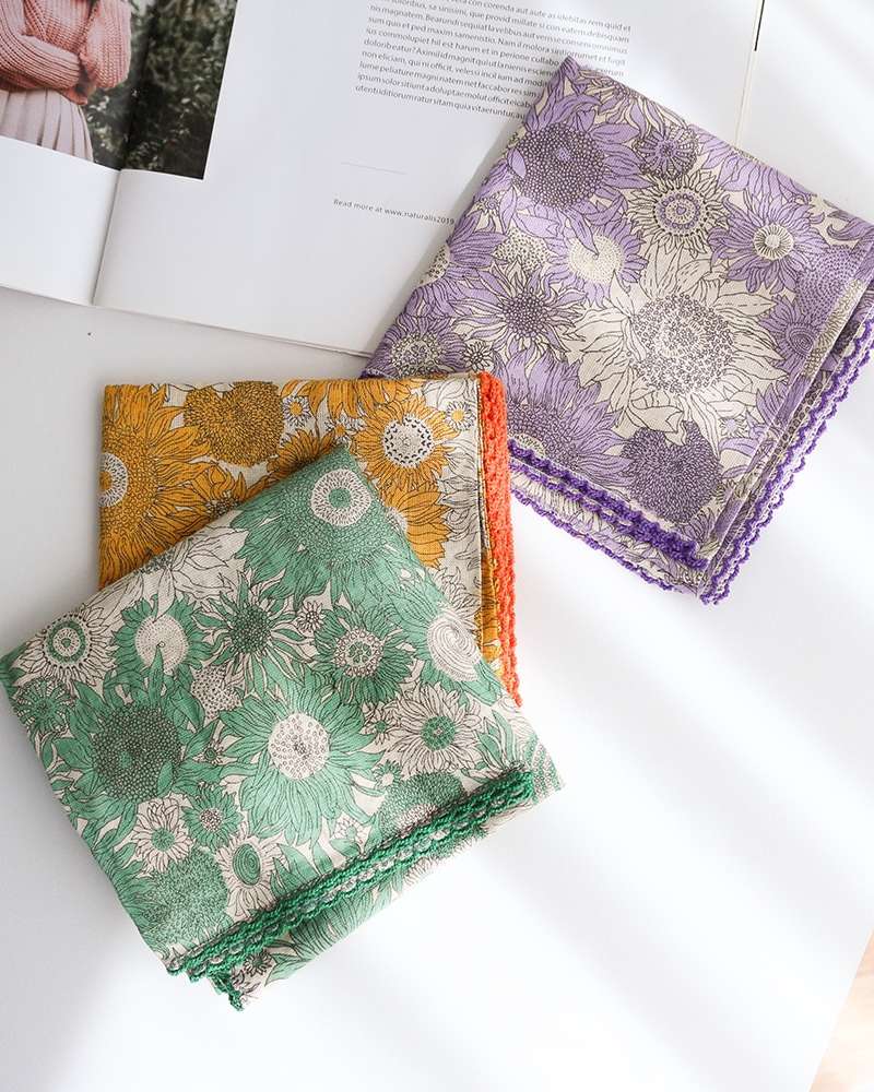 Premium Petit Gauze Handkerchief & Neck Scarf (Sunflower) Domestic Linen Handkerchief Women's Hiking Lace