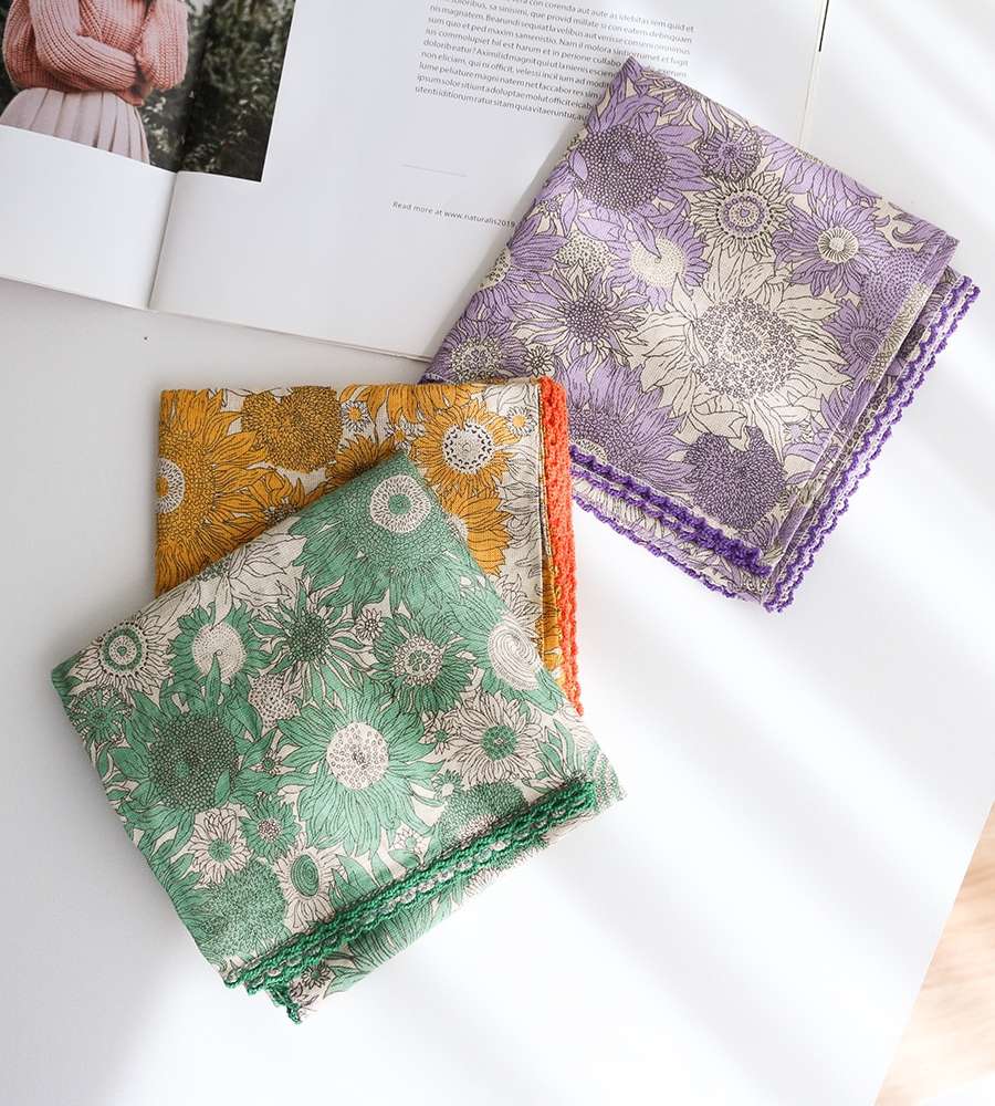 Premium Petit Gauze Handkerchief & Neck Scarf (Sunflower) Domestic Linen Handkerchief Women's Hiking Lace