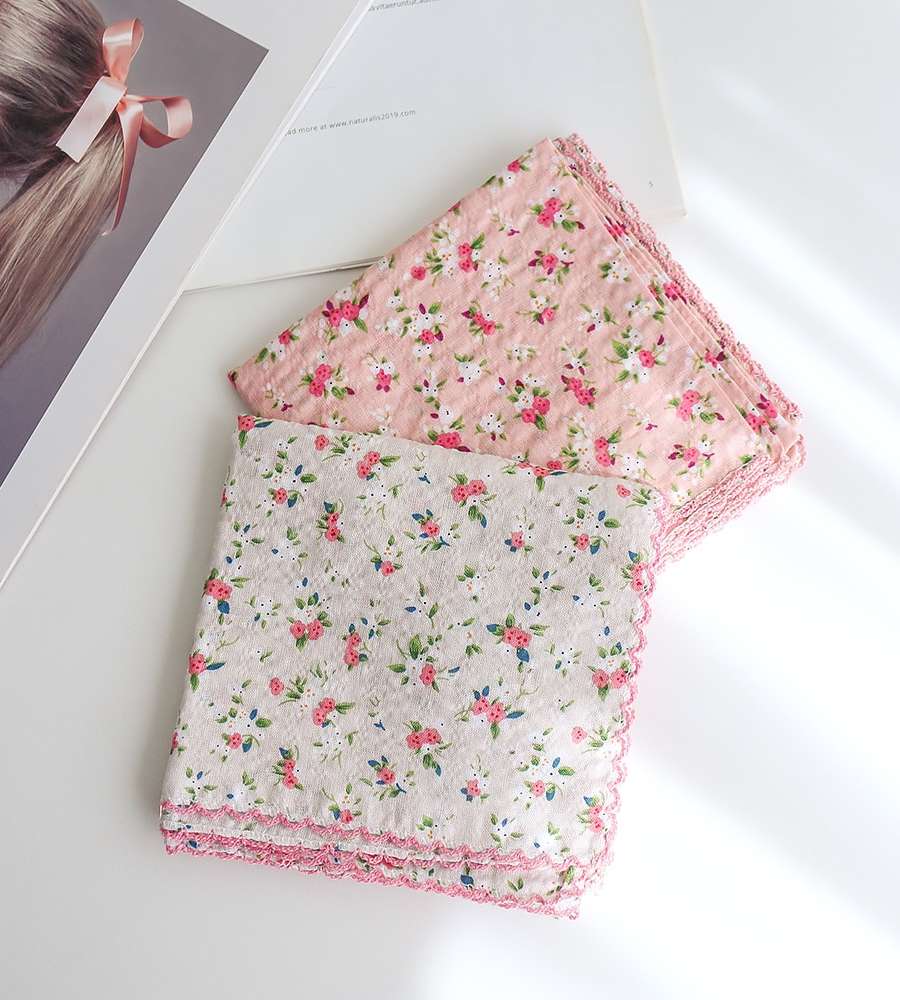 Premium Petite Gauze Handkerchief & Neck Scarf (Pink Floral) Domestic Linen Handkerchief Women's Hiking Lace