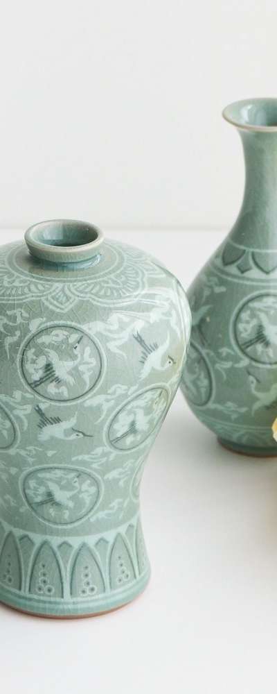 高級宋月 ひび割り青磁 梅竹瓶セット(特小) 円運鶴 17cm