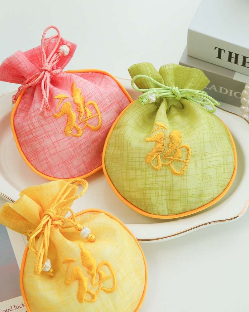 Ramie Embroidered Half-Moon Round Drawstring Pouch Y
