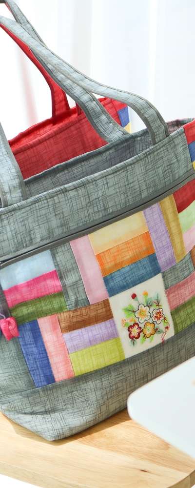 麻 花刺繍 五色布切れ張り合わせバッグY