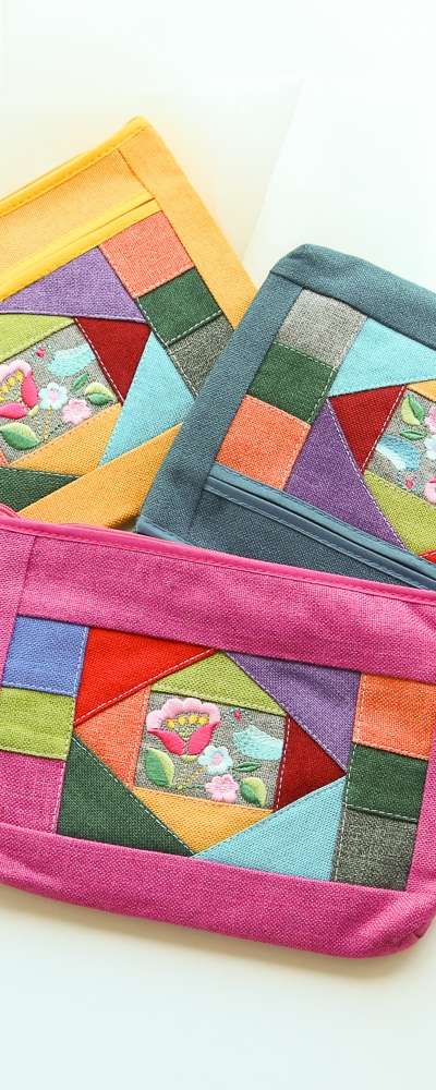花刺繍パッチワーク綿ポーチY