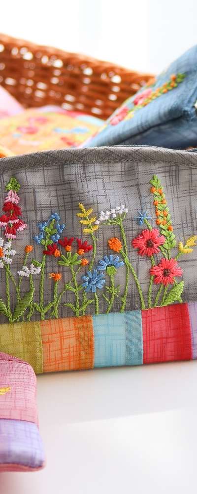 麻布刺繍小花スクエア型コインケースY