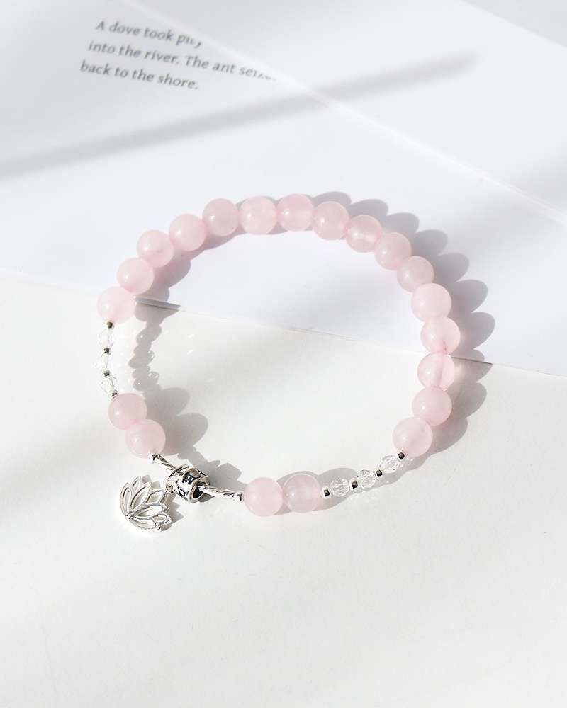 Om Mani Padme Hum Rondelle Lotus Flower Rose Quartz Raw Stone Bracelet - Women's, Couples, Prayer Bead, Natural Stone Power Stone