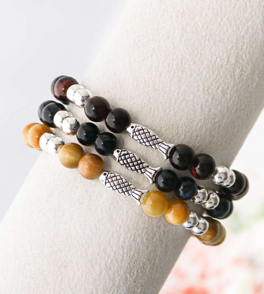 Lucky Fish Silver Bead AAA Hoanstone Raw Bracelet 6mm Academic Achievement Wish Couple