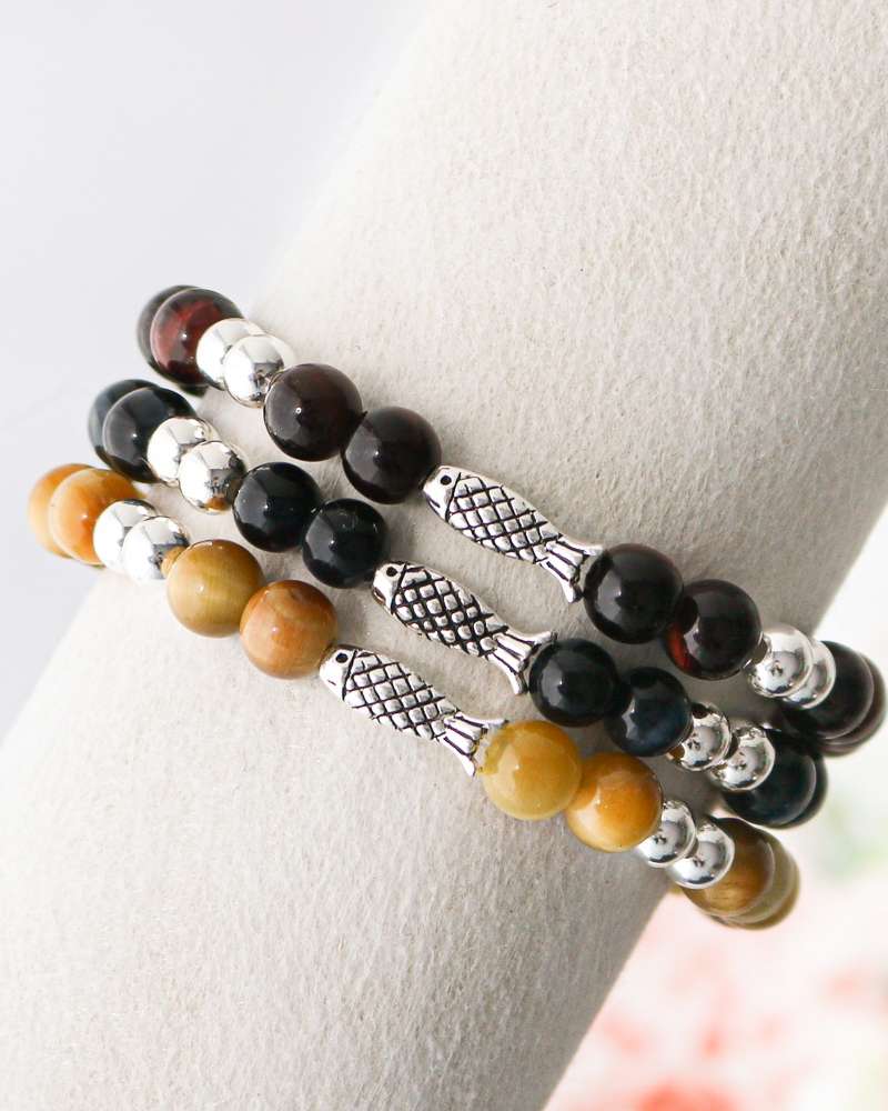 Lucky Fish Silver Bead AAA Hoanstone Raw Bracelet 6mm Academic Achievement Wish Couple