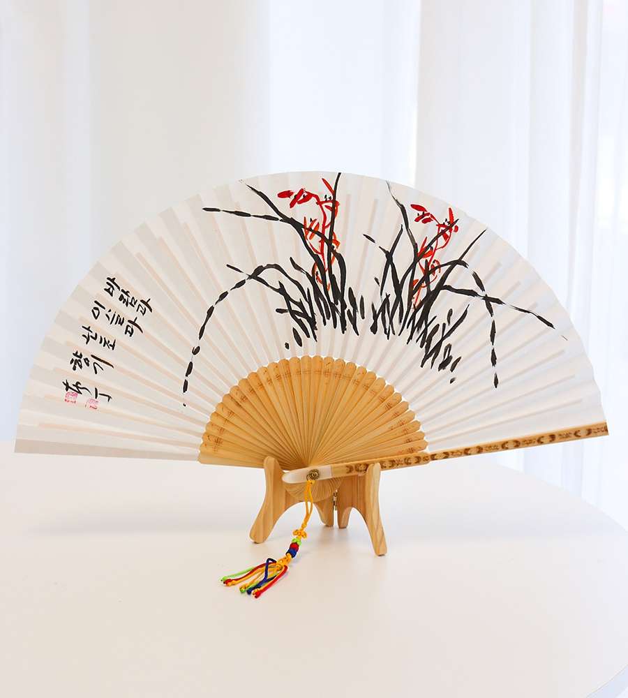 Namjeong Handpainted Oriental Painting Bamboo Folding Fan with Orchid + Premium Traditional Knot Gift
