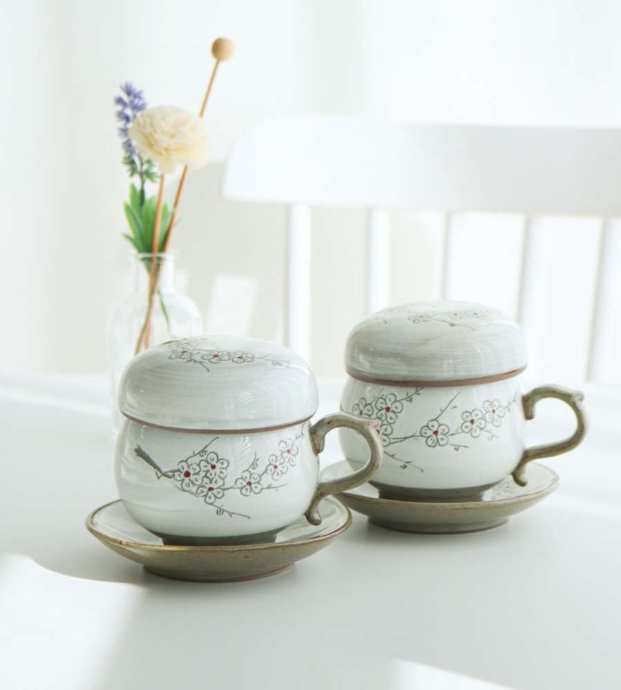 (2종) Buncheong White Inlay Plum Handle Single-Serving Tea Set