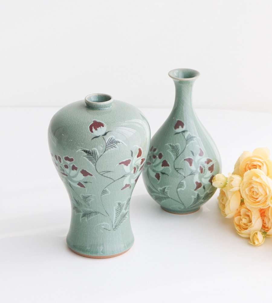 Premium Songwol Crackle Celadon Prunus and Ewer Set (Extra Small) with Red Peony in Copper Oxide 17cm