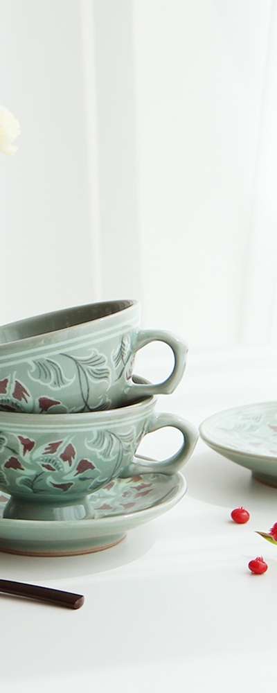 (2種)高級品 松月青磁コーヒーカップセット(牡丹)
