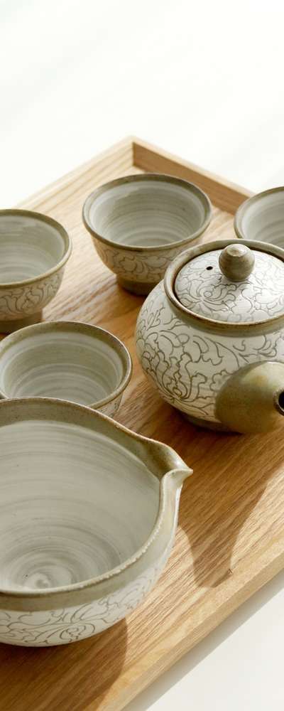 粉青 糸唐草 5人用 茶器セット