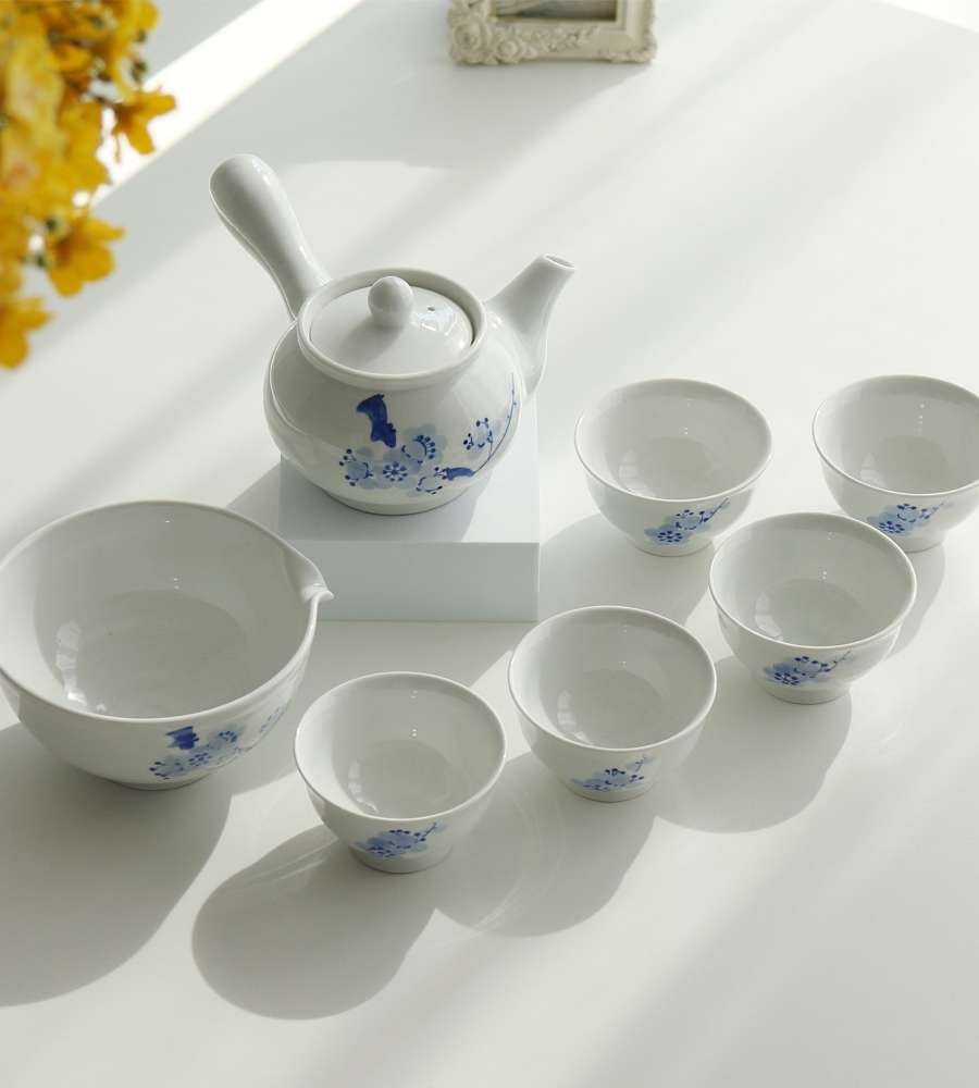 White Porcelain Blue Plum Blossom 5-Person Tea Set
