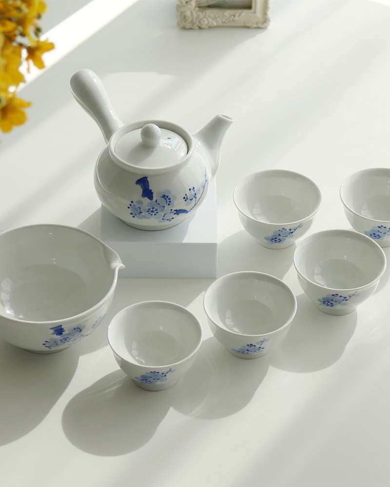 White Porcelain Blue Plum Blossom 5-Person Tea Set