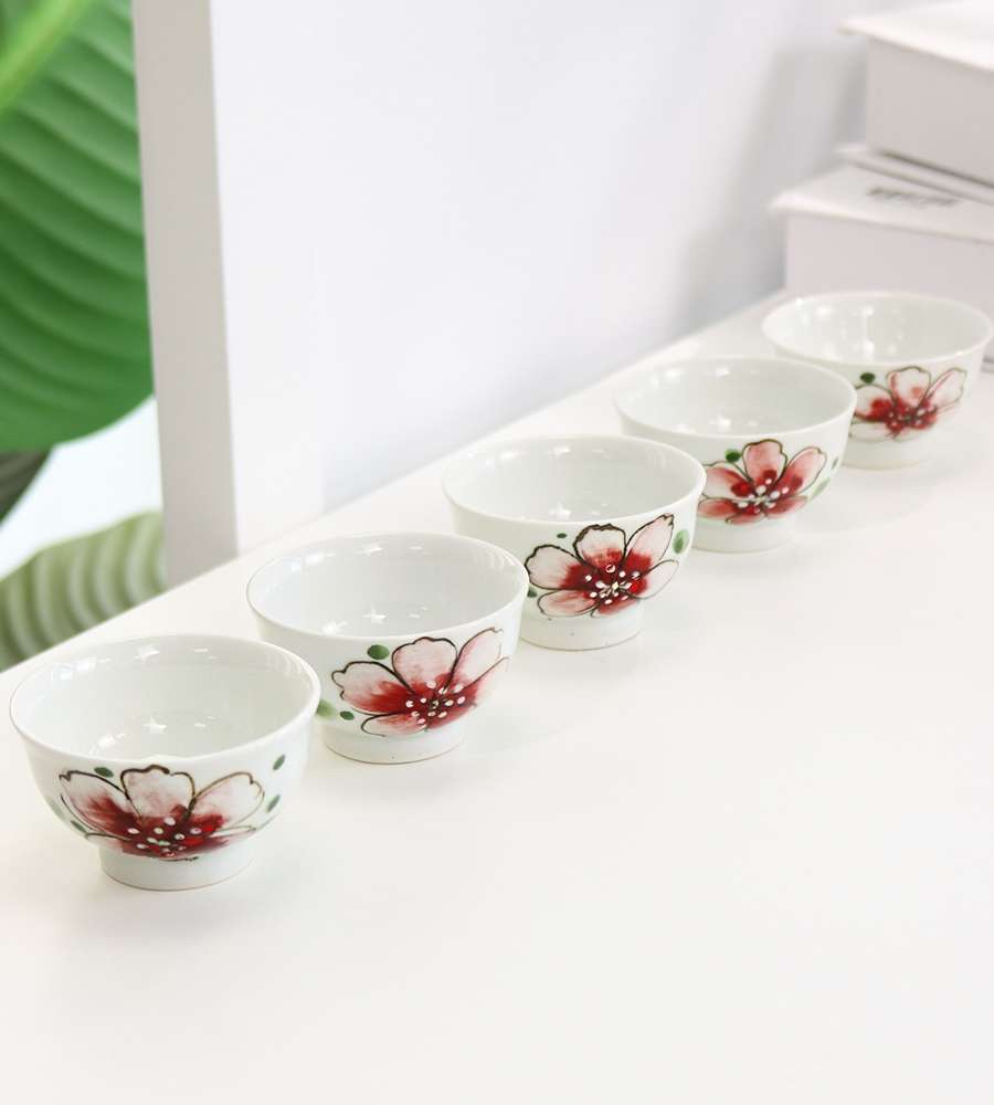 Red Magnolia 5-Piece Tea Set Traditional Ceramic Teacups