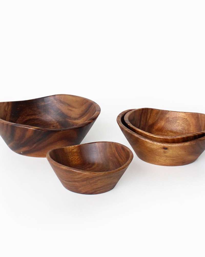 4-Size Wave Wood Salad Bowl (Natural Wood Cereal Bowl Round Wood Bowl Multi-Purpose Wooden Dish Aesthetic Camping Tableware)