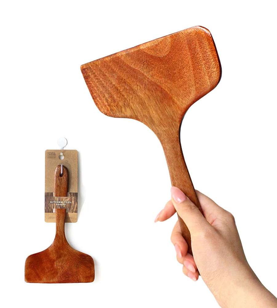 Lacquer-Finished Wide Egg Roll Spatula - Wooden Stir-Fry Turner Kitchen Tool