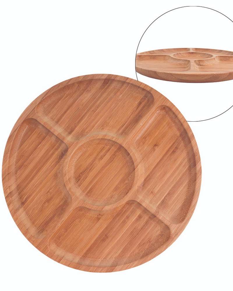 Bamboo 5-Section Divided Serving Plate (Wood Natural Appetizer Fruit Side Dish Round Tray Five-Part)